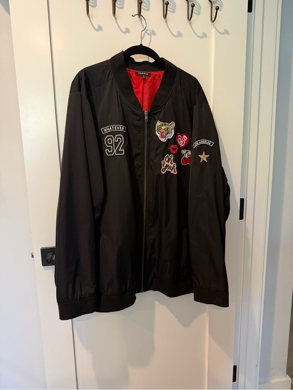 torrid Black Bomber Jacket with Red Lining and Patch Accents